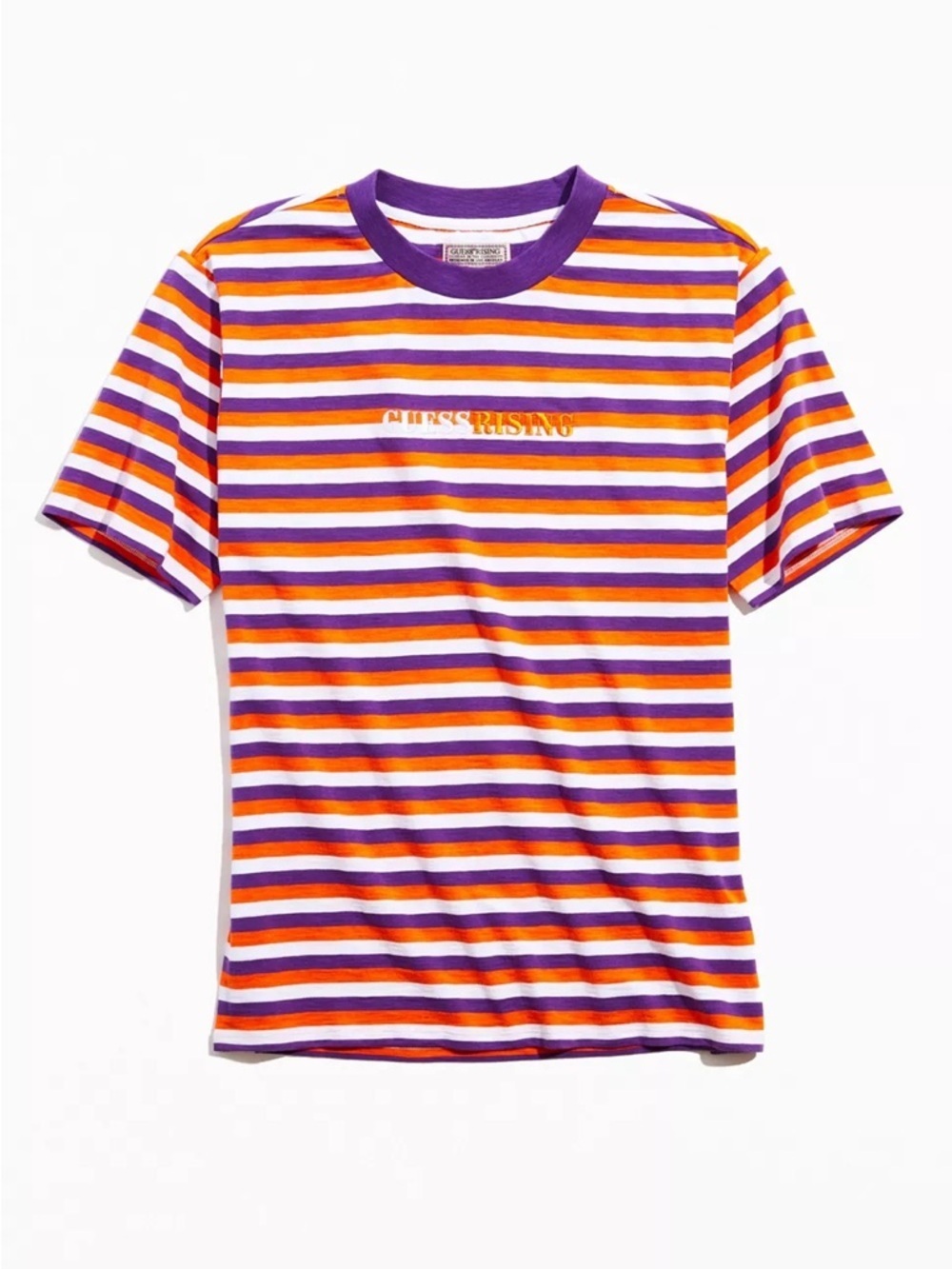 New GUESS ORIGINALS Purple Orange White Striped Short Sleeve Tee SZ L - Picture 1 of 9